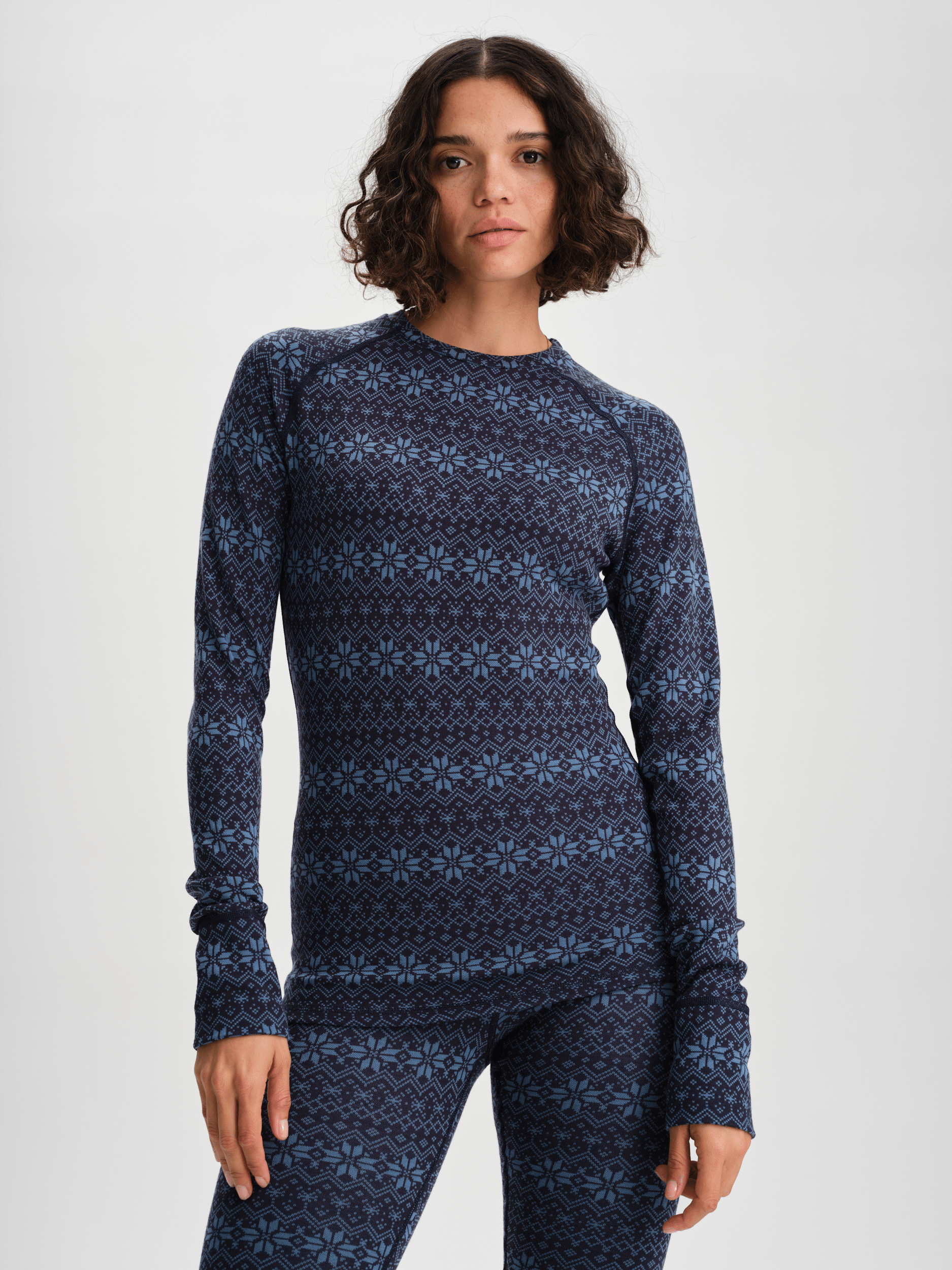 WOOL BASE LAYER SHIRT NAVY PATTERN WOMEN
